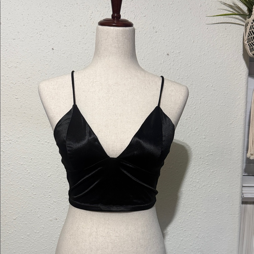 Satin V-Neck Black Cropped Cami